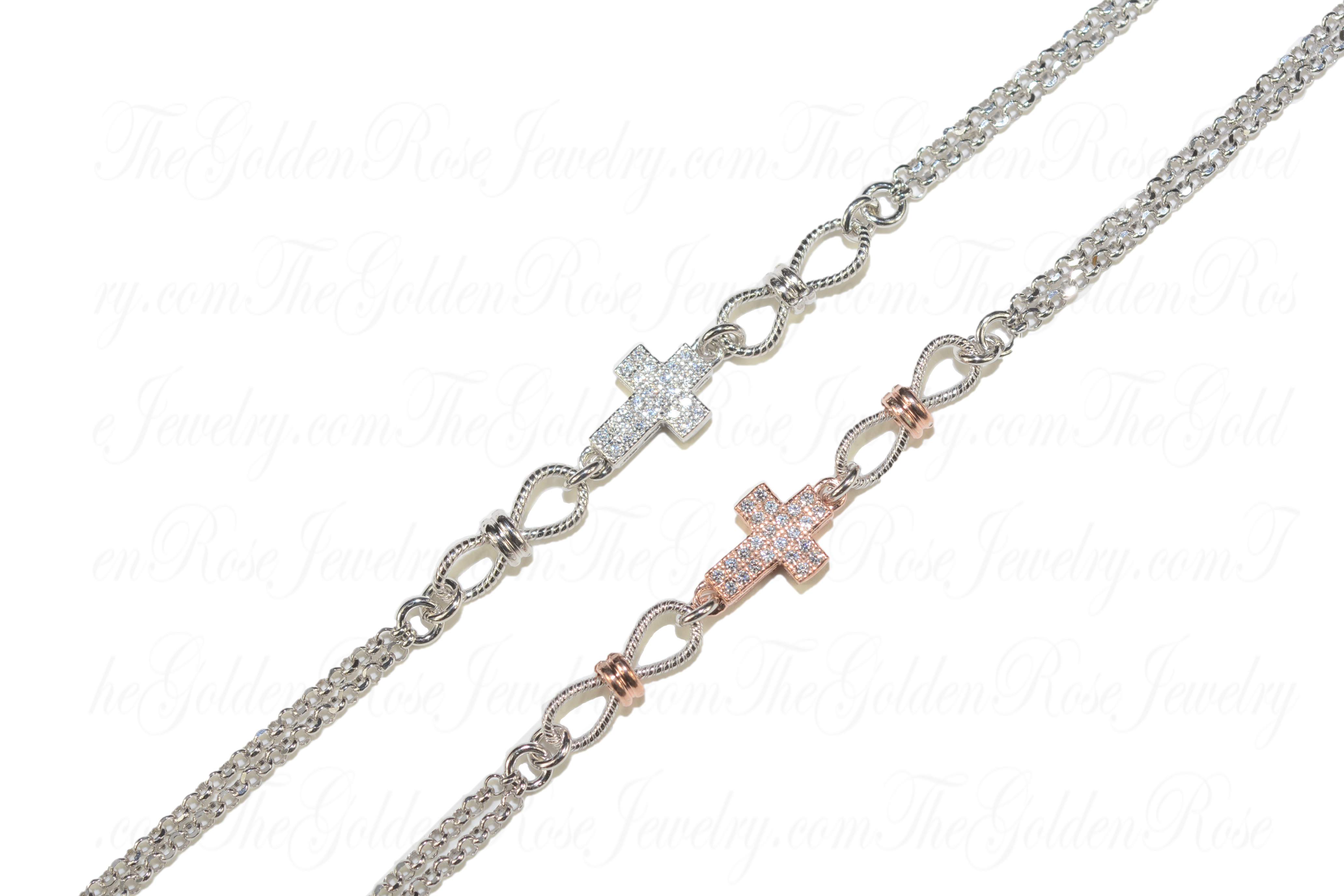Bracelet Argent Croix Zirconium Double Chaîne 